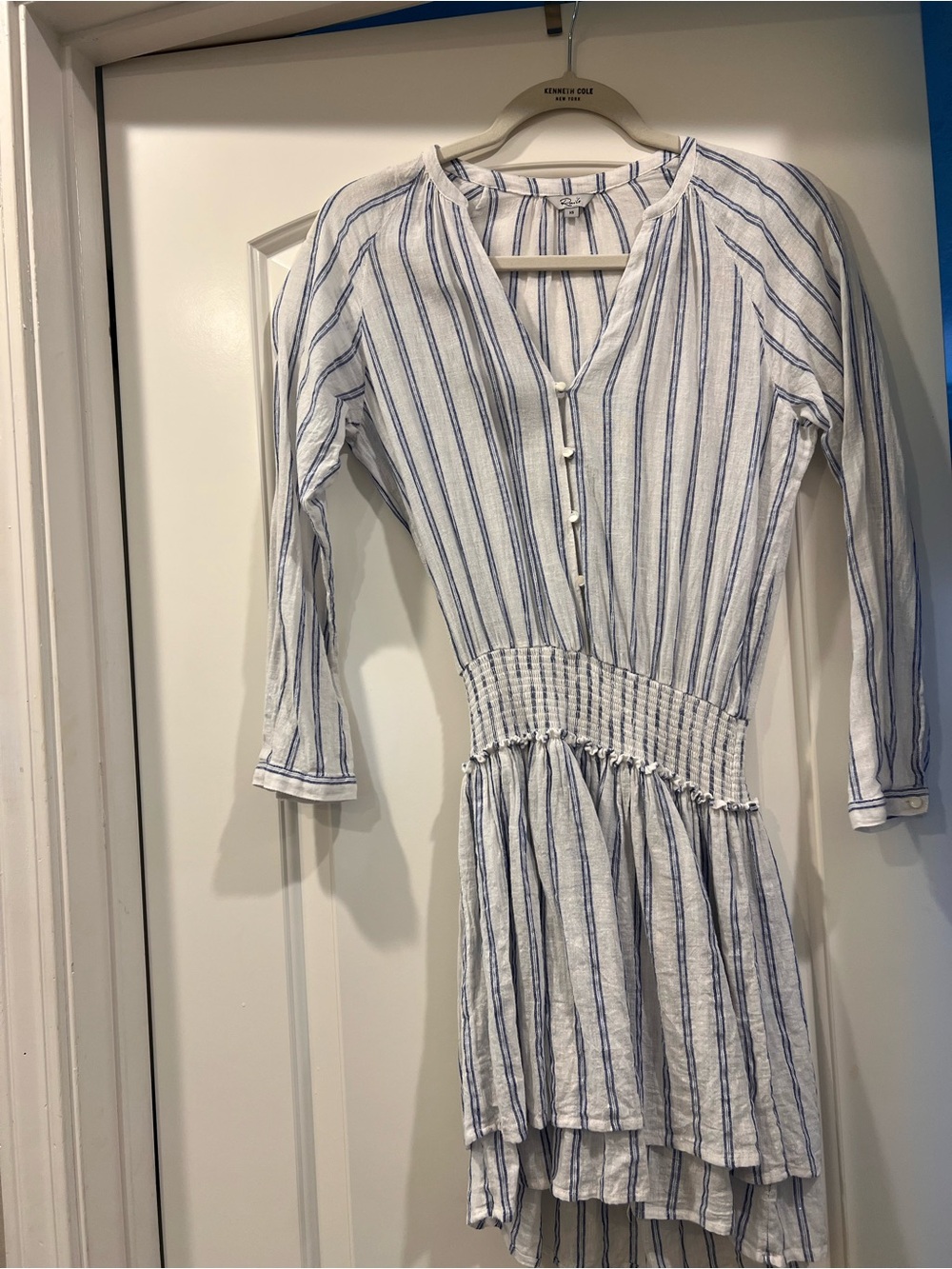 Rails White Dress with Blue Stripes and Smocked Waist